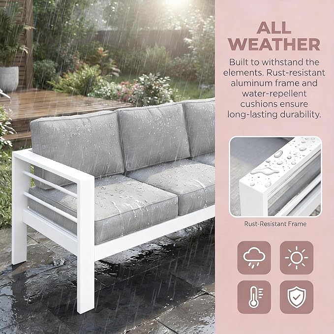 Kiss the Water Outdoor Couch Aluminum Patio Furniture Sofa, 3 Seat All-Weather Metal Patio Couch with 5" Thick and Soft Cushion and Wide Arm, Outdoor Sofa for Balcony, Porch KisstheWaterPatioTool