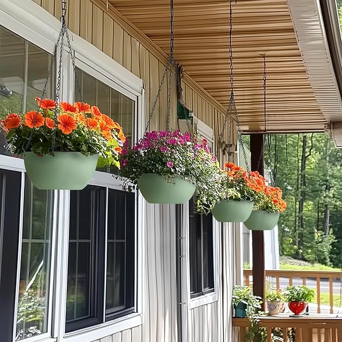 T4U 8 Inch Hanging Planter for Indoor Plants, 2 Pack Small Pots with Drainage Holes, Flower Basket Plant Holder for Home, Green T4U