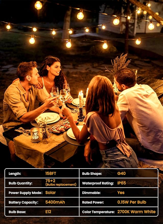 Brightown 158FT Solar String Lights Outdoor with Remote and 77 LED Shatterproof Bulbs, Dimmable & Timable, 3 Light Modes, Solar Patio String Lights Outdoor for Cafe, Garden, Deck, Outside Wedding Brightown
