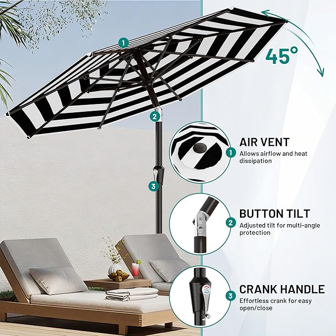 AreShark 9 FT Patio Umbrella for Outdoor, Outdoor Table Umbrella with Push Button Tilt and Crank, Outdoor Patio Umbrellas with 8 Sturdy Ribs for Market, Garden, Pool (Black & White Stripe) Rootora