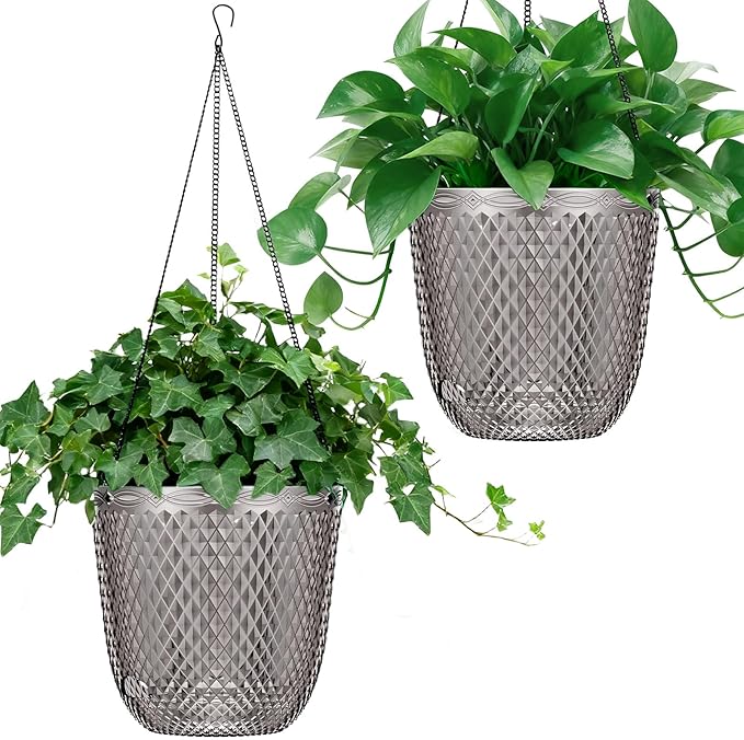 QCQHDU Self Watering Hanging Pots, 2 Pack 5.7 Inch Hanging Planters for Plants Indoor, Outdoor Flower Pots with Drainage Holes and 3 Hooks Chains for Garden Home (Gray) QCQHDU