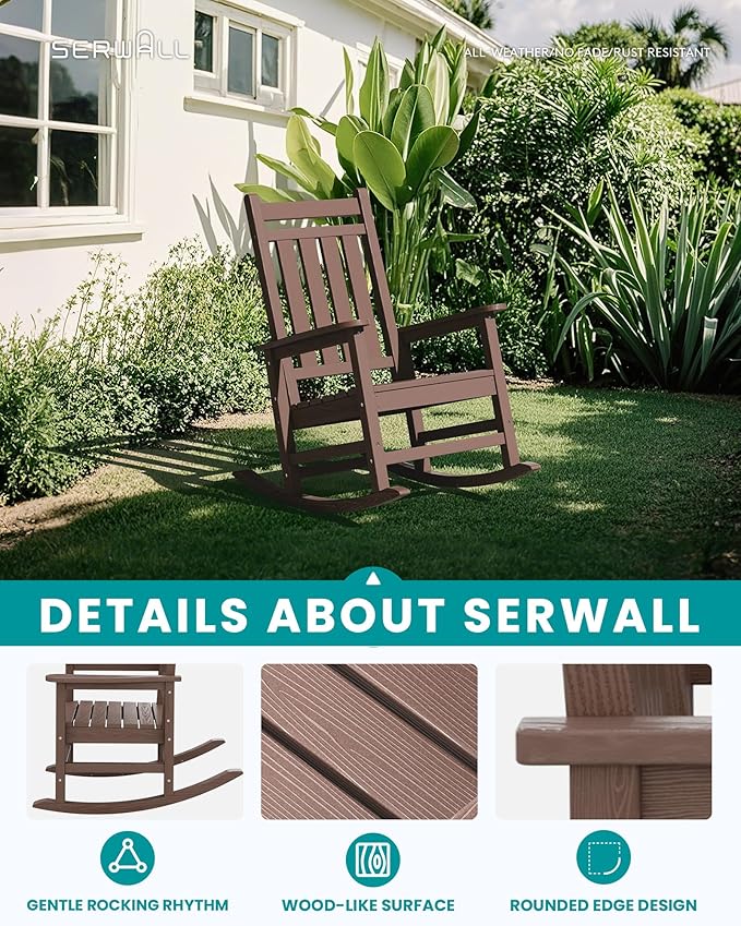 SERWALL Oversized Outdoor Rocking Chair Set of 2, HDPE Rocker for Adults, Patio Rocking Chairs for Porch, Brown SERWALL