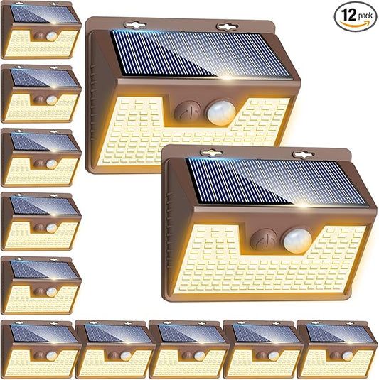 Peasur Solar Lights Outdoor Motion Sensor, 12Pack 140LED Waterproof Solar Powered Fence Lights, 3 Modes Solar Security Wall Lights for Garden Yard Outside(Brown Warm White) Peasur
