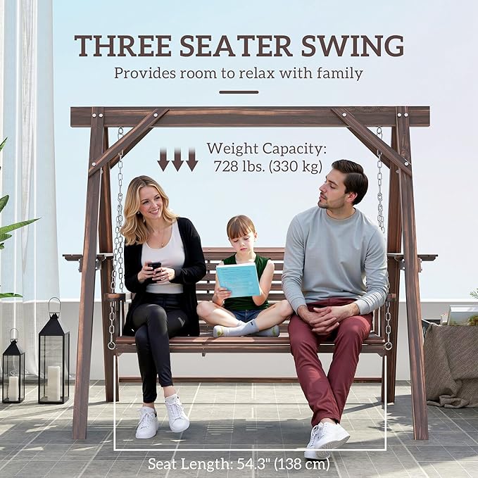 Outsunny 3 Seat Porch Swing with Stand, Wooden Patio Swing Chair with Side Tables and Metal Chains, Outdoor Swing Bench for Garden, Poolside, Backyard, Carbonized Brown Outsunny