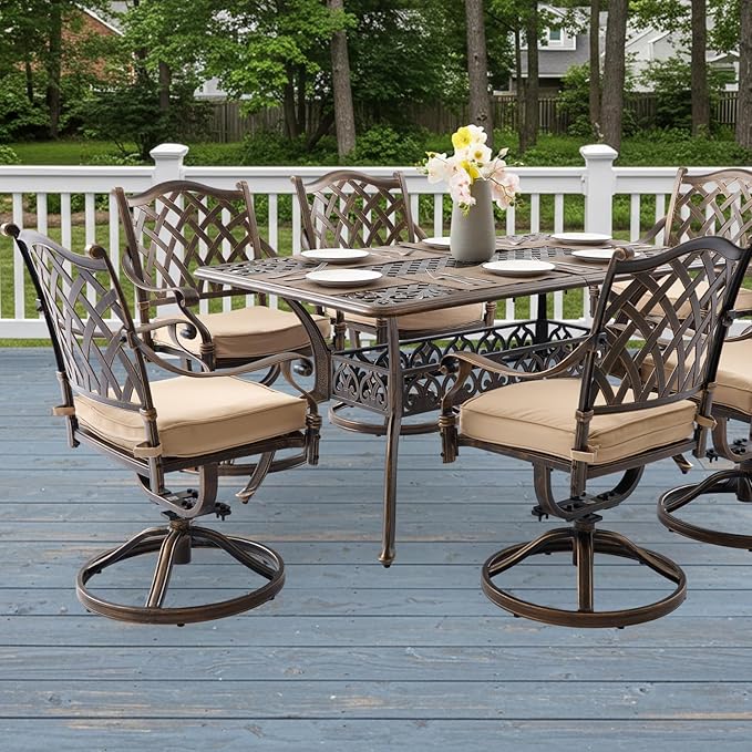 7-Piece Cast Aluminum Patio Furniture, Patio Dining Set for 6 Include 59" Rectangular Outdoor Dining Table and 6 Swivel Chairs with Cushions & Umbrella Hole(Bronze) Rootora
