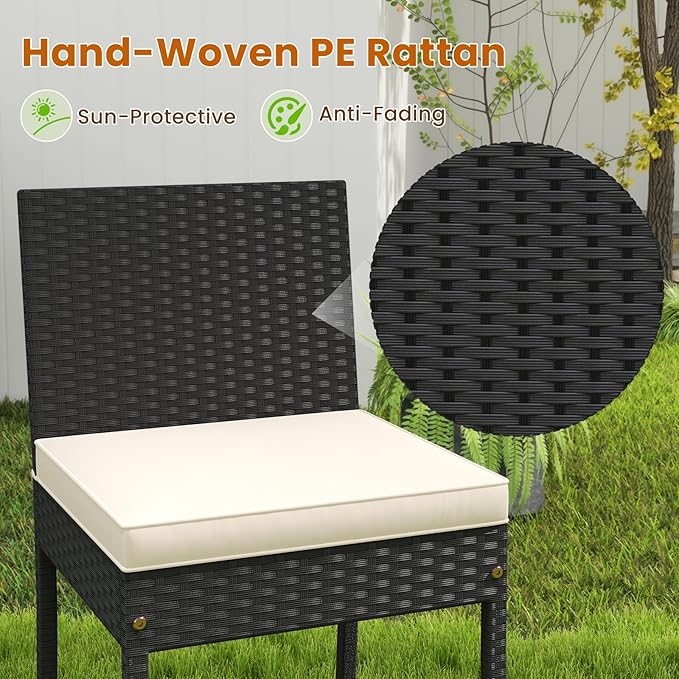 COSTWAY 5 Piece Patio Bar Set, Outdoor Rattan Wicker Bar Table and 30'' High Top Chairs Set with Acacia Wood Tabletop and Cushions for Poolside, Backyard COSTWAY