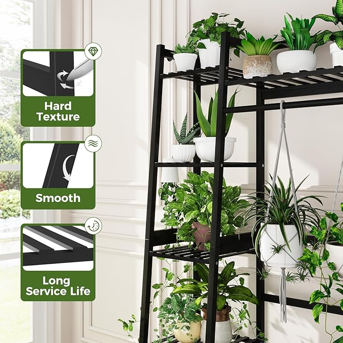 Bamworld Plant Shelf Indoor 55" Tall Bamboo Plant Shelves 5 Tier Hanging Plant Stand Large Ladder Shelf Flower Stand Plant Holder Plant Rack for Garden Balcony Home Decor Living Room Bedroom Black Bamworld