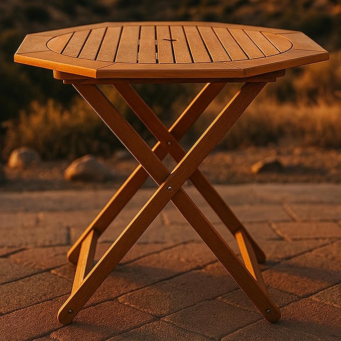Sunnydaze Folding Meranti Wood Outdoor Dining Table with Umbrella Hole - Foldable Teak Patio Table - Teak Oil Finish - Octagon SunnydazeDecor