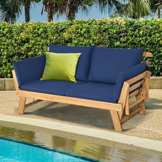 Tangkula Acacia Wood Patio Convertible Couch Sofa Bed with Adjustable Armrest, Outdoor Daybed with Cushion & Pillow, Turquoise & Navy Cushion Cover Sets, Folding Chaise Lounge Bench Ideal for Porch TANGKULA