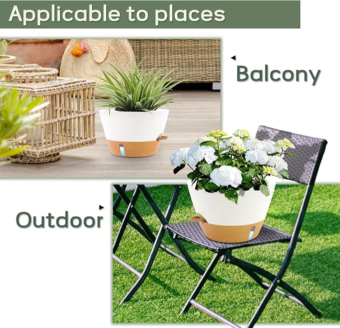 12-Inch Self Watering Planters with Drainage Holes, Large Flower Pots for Indoor Outdoor Plants, Garden Pots White FIASON