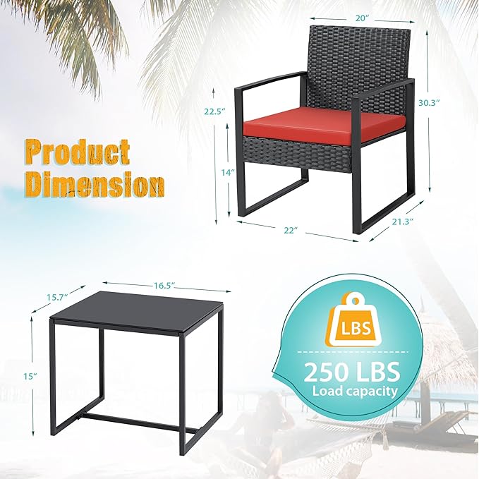 Flamaker 3 Pieces Wicker Patio Furniture Outdoor Modern Rattan Chair Conversation Sets with Coffee Table for Yard and Bistro (Red) Flamaker