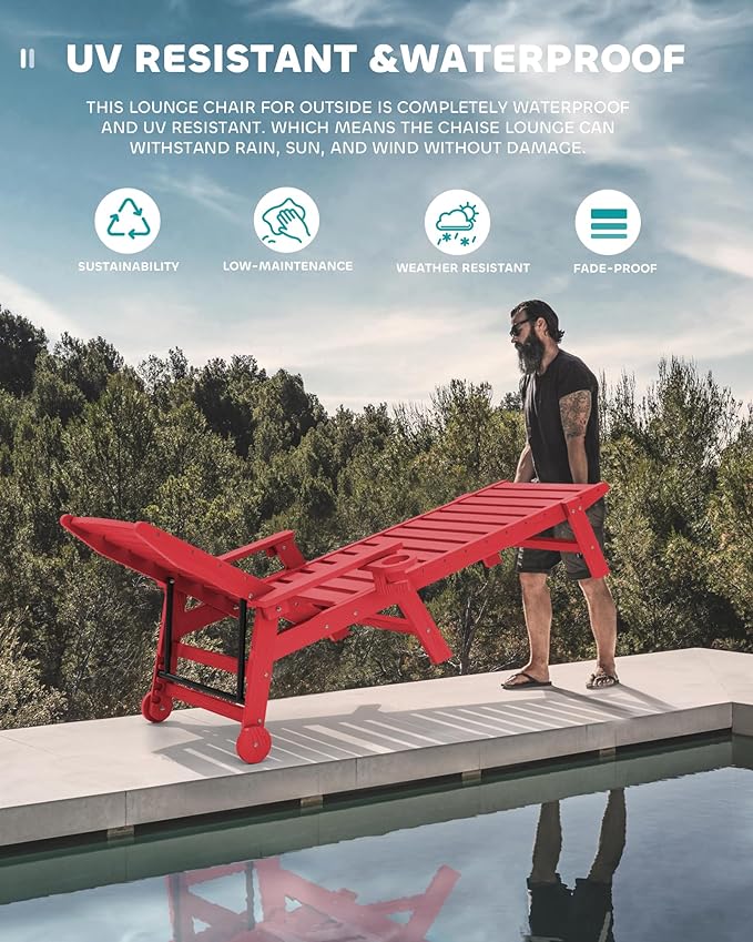 SERWALL Patio Chaise Lounge Chair, 78'' Long HDPE 5 Positions Adjustable Outdoor Lounger, Poly Lounge Chair with Rolling Wheels & Cup Holder for Pool, Bright Red SERWALL