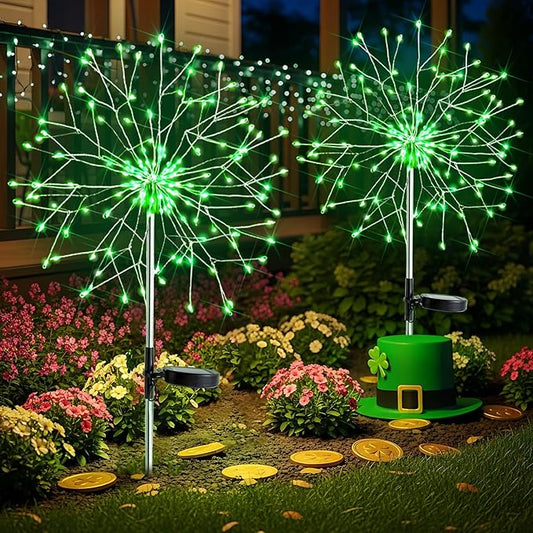 suddus St. Patrick's Day Decorations Solar Firework Lights - 150 LED Green Outdoor Garden Lights, 8 Modes DIY Sparkler Lights, Waterproof Solar Stake Lights for Yard, Pathway Flowerbed Decor (2 Pack) SUDDUS