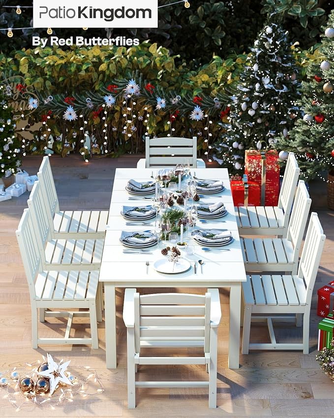 7-Piece White Outdoor Dining Set with White 15FT Large Patio Umbrella, 75.2'' HDPE Table & Chairs for 6, Weather-Resistant Furniture with Umbrella Hole for Patio, Lawn, Poolside PatioKingdom