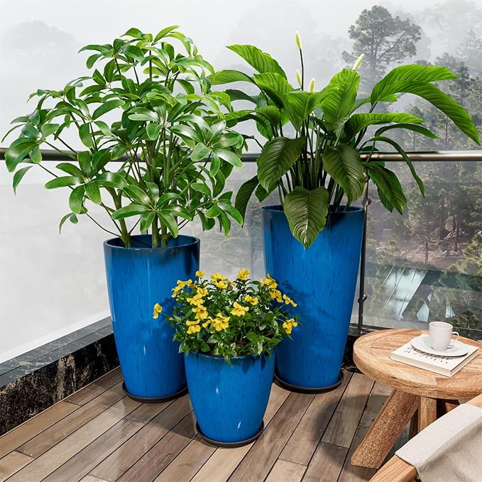 QCQHDU 24,21,11 inch Large Planters with Drainage Hole & Saucer, Set of 3 Plant Pots Tall Planter for Indoor & Outdoor Plants Home Modern Decor QCQHDU