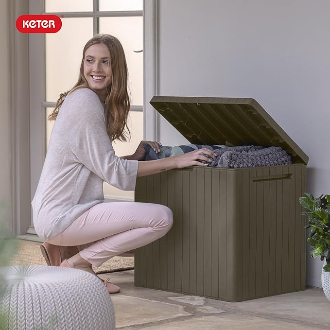 Keter City 30 Gallon Resin Outdoor Storage Box & Patio Side Table for Balcony, Pool, Deck & Garden Accessories, Weather‑Resistant, Mossy Brown Keter