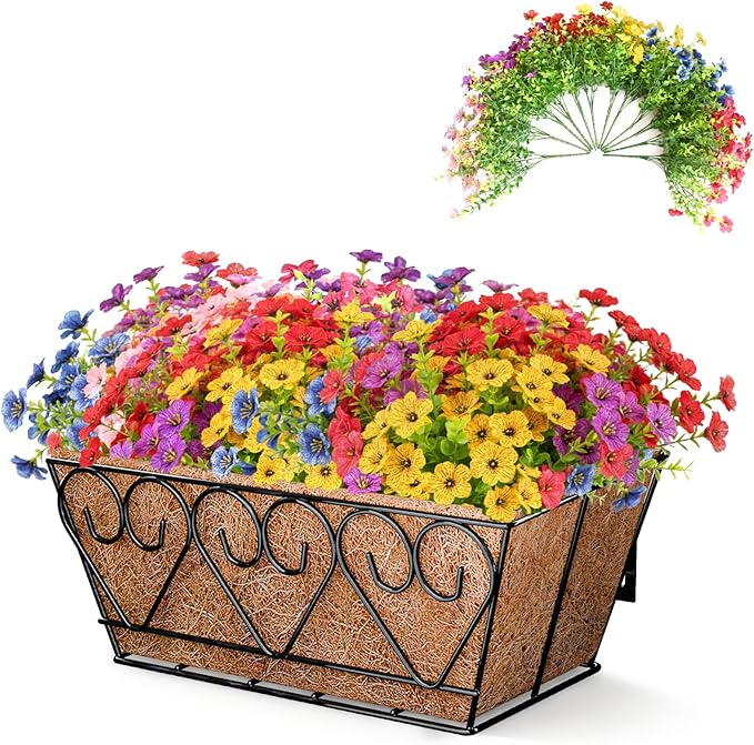 ZeeDix 16 Inch Artificial Flowers Hanging Railing Window Planter Box, 12 Pcs UV Resistant Fake Look Real Flowers with Heart-Shaped Deck Railing Planter Boxes for Porch Patio Balcony Garden Home Decor ZeeDix
