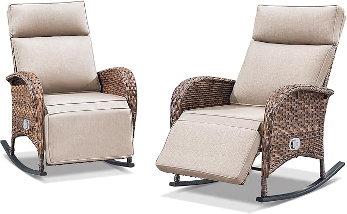 Zero Gravity Patio Rocking Wicker Recliner Chairs Set of 2- Wicker Outdoor Lounge Chair with Adjustable Backrest & Footrest, All Weather Reclining Rocker Chairs with Thick Cushion for Pool Deck Beige JelwalyPatioFurnitureSet