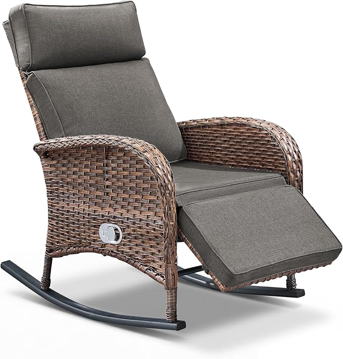 Zero Gravity Patio Rocking Wicker Recliner Chair - Wicker Outdoor Lounge Chair with Adjustable Backrest & Footrest, All Weather Reclining Rocker Chairs with Thick Cushion for Pool Deck Gray JelwalyPatioFurnitureSet