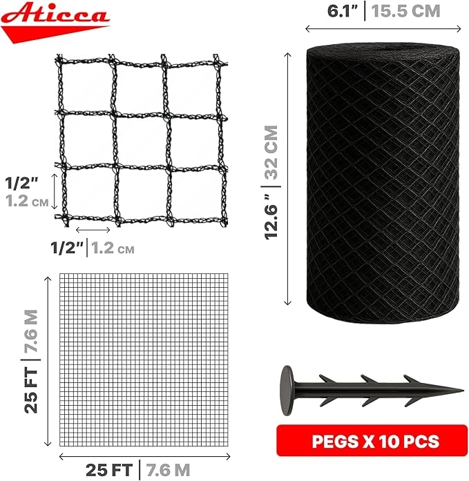Heavy Duty Bird Netting for Garden Protection & Fruit Trees, 25x25 Ft with 10 Stakes – Black Anti-Bird Net for Poultry, Deer, & Squirrel Protection, Durable Nylon Mesh for Garden and Yard Use Aticca