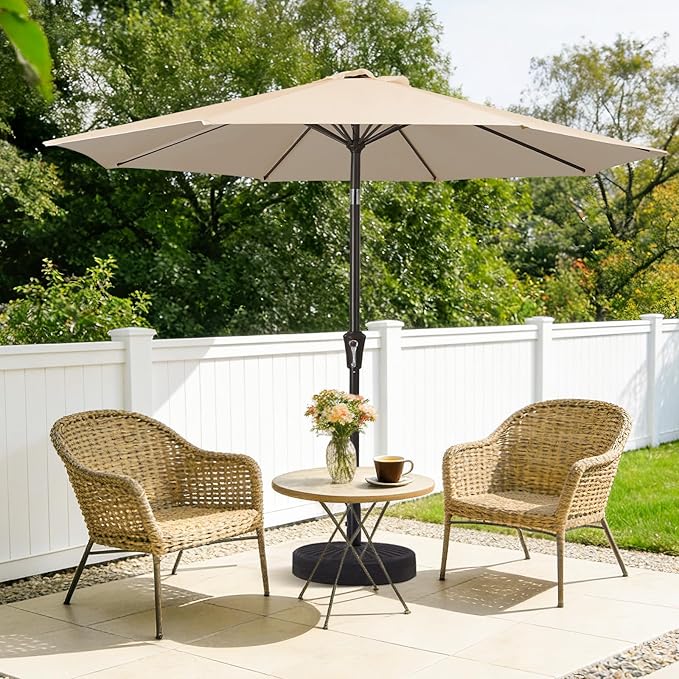 MEWAY 9ft Patio Umbrella Outdoor Table Umbrellas with Push Button Tilt and Crank, Market Umbrella 8 Sturdy Ribs for Deck, Garden, Pool and Backyard, Cream Beige MEWAY