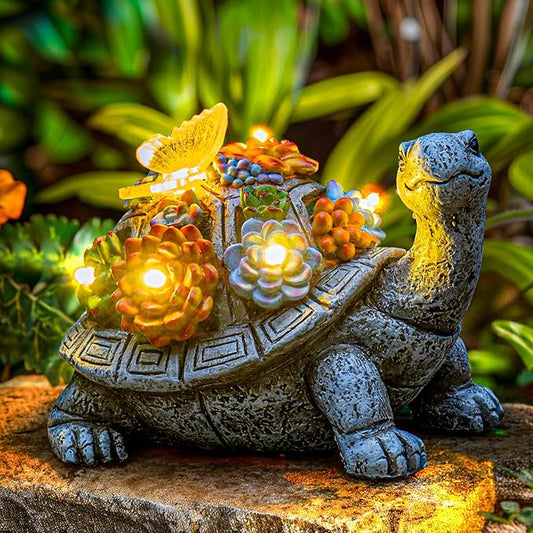 Solar Garden Outdoor Statues with Succulent and 7 LED Lights - Lawn Decor Tortoise Statue for Patio, Balcony, Yard Ornament - Unique Housewarming Gifts (Gray Turtle) YDKOJGW