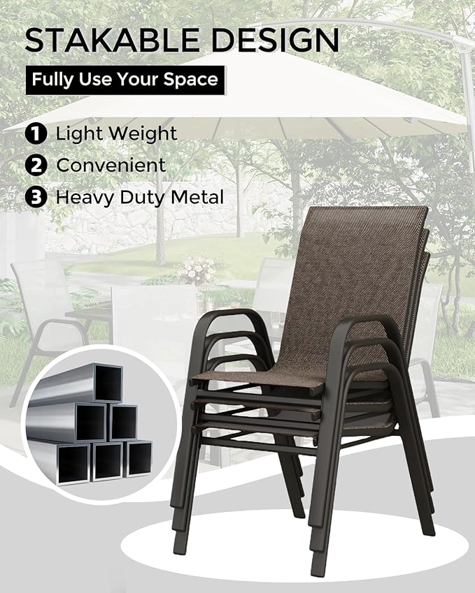 Outdoor Stackable Dining Chairs Set of 4, High-Back Patio Stacking Chairs, Patio Chairs with Textilene Farbic & Metal Frame for Lawn Backyard Deck Garden,Brown Rootora