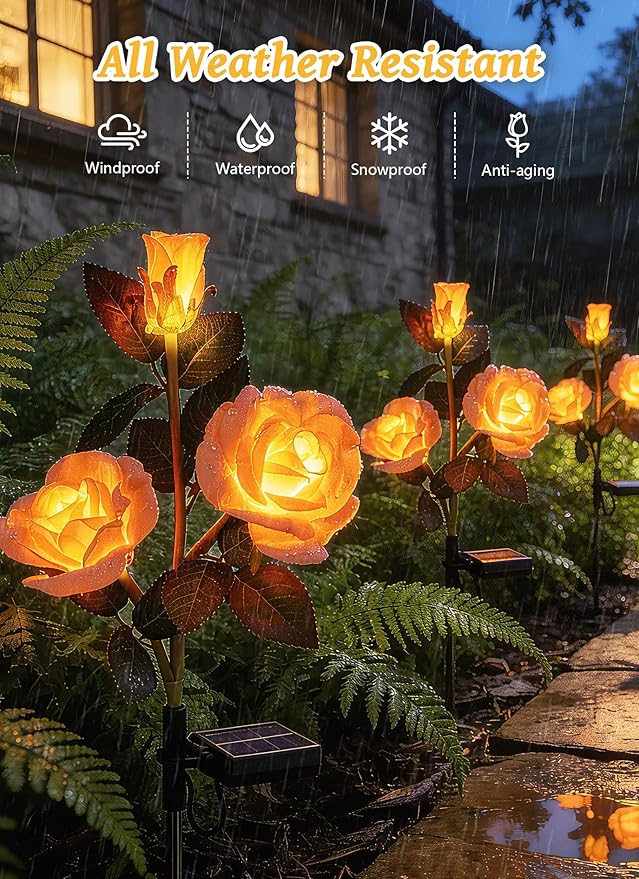 Brightown Outdoor Solar Flower Lights, 4 Pack Solar Garden Light with Larger & More Realistic Champagne Rose, Bigger Solar Panel, Waterproof Solar Lights Outdoor for Yard Garden Lawn Pathway Decor Brightown