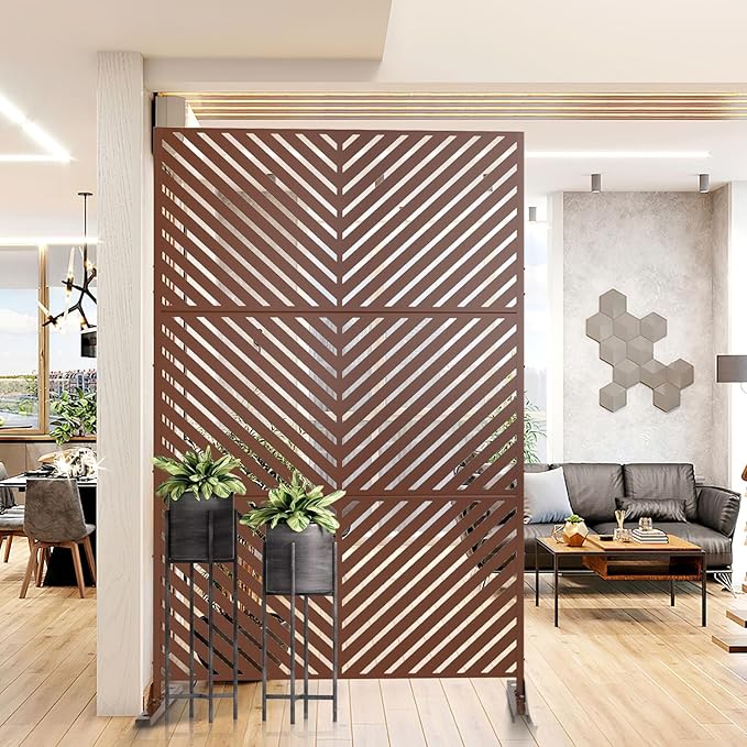 Casaphoria Metal Privacy Screen Outdoor, 72" H x 47" W Freestanding Decorative Privacy Screen for Patio Deck Balcony Garden with Stable Base, Brown-Parallel Casaphoria