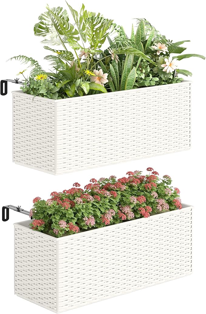 Outsunny Railing Planter Box (2 Pack, 20 Inch), Hanging Flower Pots with Hooks, Drainage Holes for Fence, Balcony, Garden, Patio, Rattan Look, White Outsunny