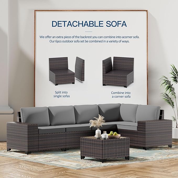 Kullavik 10 Pieces Outdoor Patio Furniture Set,PE Wicker Rattan Sectional Sofa Patio Conversation Sets with 43" 55000BTU Gas Propane Fire Pit Table,Swivel Rocking Chairs Set,Grey KULLAVIK