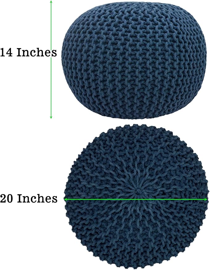 COTTON CRAFT - Hand Knitted Cable Style Dori Pouf - Blue - Floor Ottoman - Cotton Braid Cord - Handmade & Hand Stitched - Truly one of a Kind Seating - 20 Dia x 14 High COTTONCRAFT