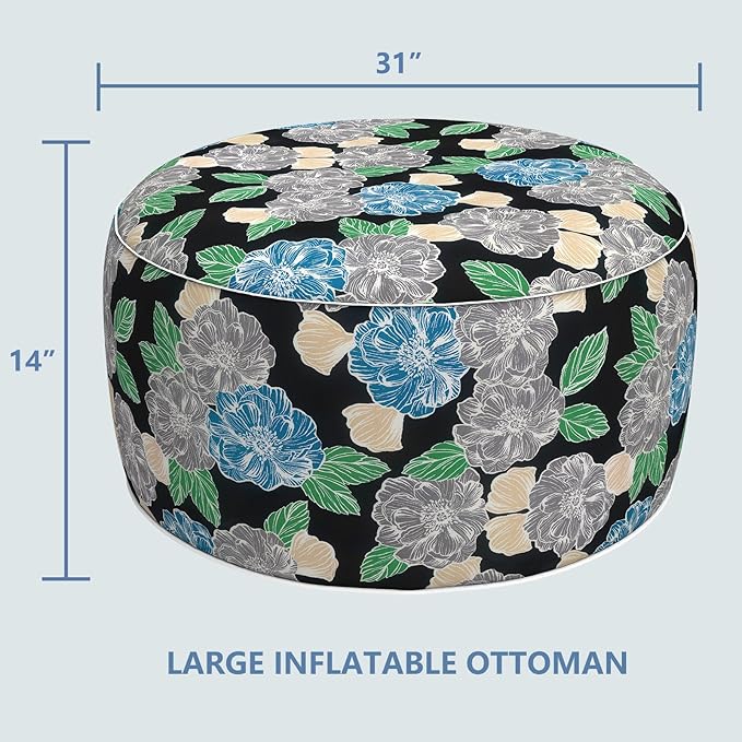 LVTXIII Outdoor Inflatable Ottoman, Fade-Resistant Round Footrest Stool D31”x H14”, Portable Patio Pouf for Garden Camping or Home Use, Peony Garden LVTXIII