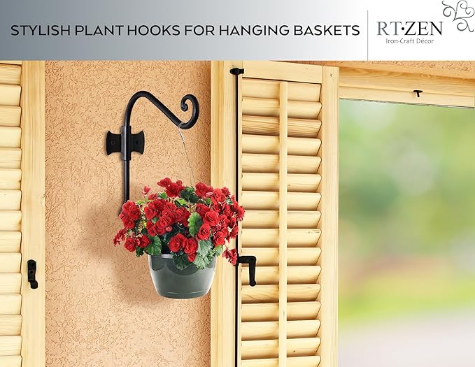 RTZEN Plant Hangers Indoor or Outdoor - Wrought Iron Metal Hanger Indoor Hook - Heavy Duty Wall Bracket Hooks for Hanging Plants Baskets Lanterns Wind Chimes - 2 Pack (Black Axe-Shape Hooks) RTZEN