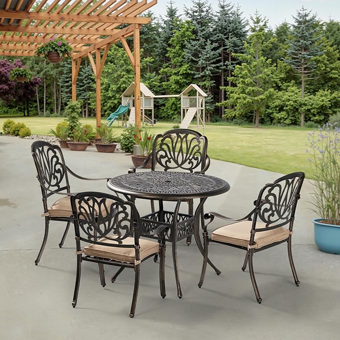 VINGLI 5-Piece Outdoor Patio Dining Set, Cast Aluminum All-Weather Outdoor Table and Chairs w/Cushion, Outdoor Furniture Set w/Umbrella Hole for Backyard Deck Poolside (Round, Elizabeth Back) VINGLI