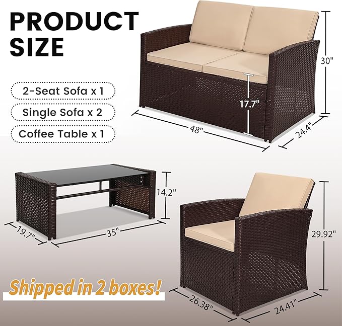 4-Piece Patio Furniture Set, Wicker Outdoor Rattan Sectional Sofa with Cushions and Glass Table, All-Weather Outdoor Conversation Set, Ideal for Garden, Porch, Backyard, Beige KROFEM