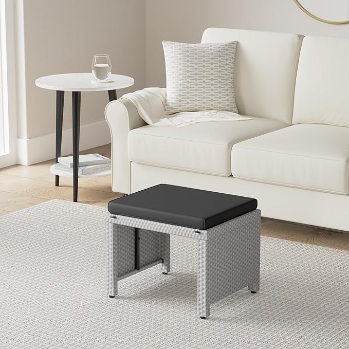 Best Choice Products Set of 2 Wicker Ottomans, Multipurpose Outdoor Furniture for Patio, Backyard, Additional Seating, Footrest, Side Table w/Removable Cushions, Steel Frame - Gray/Black BestChoiceProducts