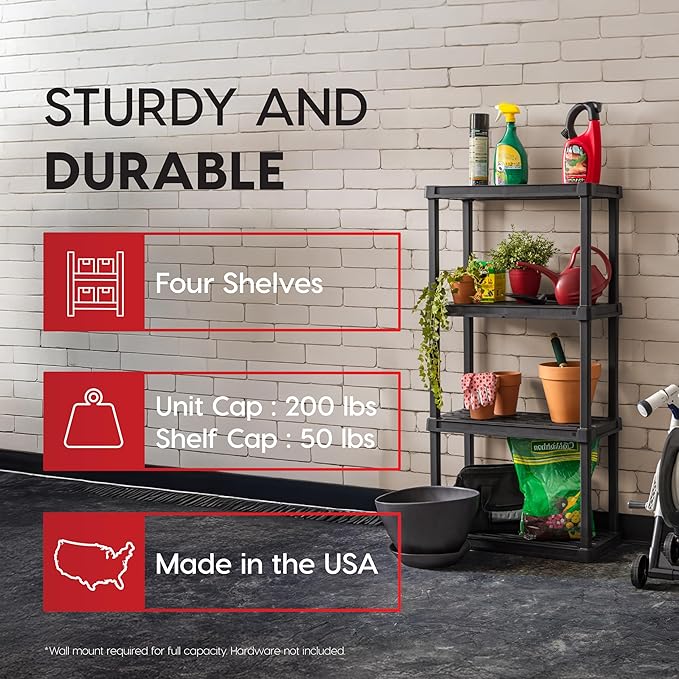 IRIS USA 4-Shelf Light Duty Plastic Storage Shelves, 200lb Capacity, 48" H x 24" W x 12" D, Medium Modular Shelving Unit Storage Organizer for Bathroom, Laundry, Garage & Home, Storage Rack - Black IRISUSA