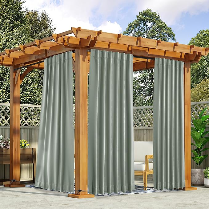 NICETOWN 2 Panels Outdoor Curtains for Patio Waterproof 108 inches Long, Windproof Thermal Insulated Top & Bottom Pocket & Back Tab Blackout Drapes with Rope for Fixed, Sage Green, W52 x L108 NICETOWN