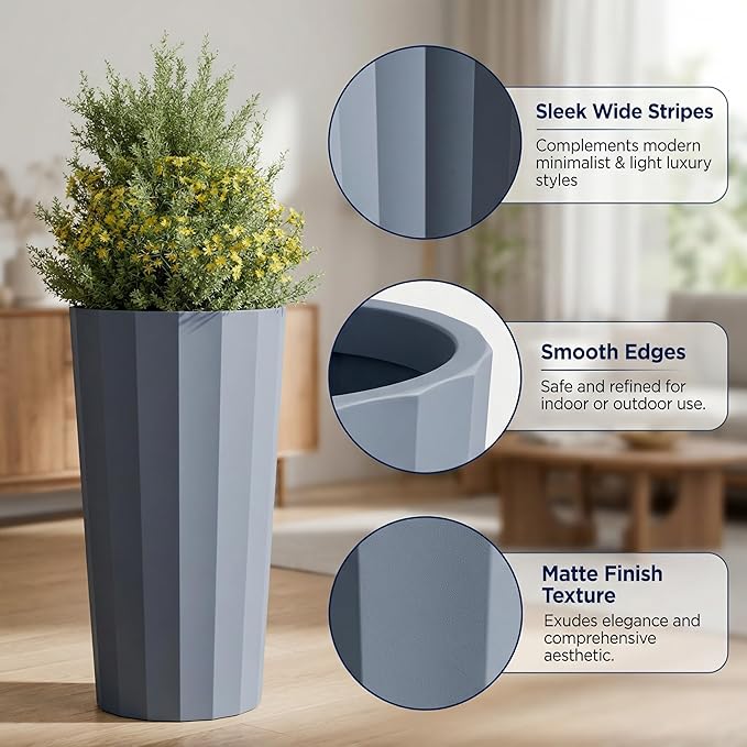 23.6" H Tall Planters for Outdoor Plants, 2 Pack Large Outdoor Planters for Porch Decor with Automatic Drainage Hole, Plastic Stripe Design Flower Pots Fits Indoor Plants Patio Garden, Black Outdoorchairs