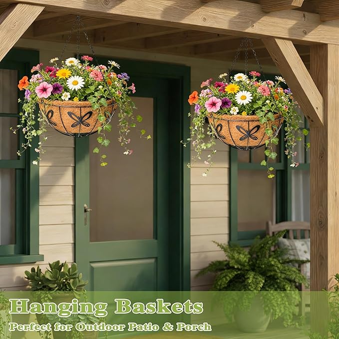 4 Pack 14 Inch Hanging Baskets for Plants Outdoor Metal Hanging Planter Hanging Flower Baskets with Coco Fiber Liners Chain Round Wire Plant Holder Hanging Flower Pots(Butterfly) Qusuxi