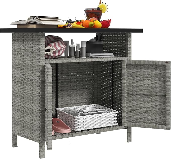 Outsunny Wicker Outdoor Storage Cabinet, Rattan Outdoor Bar Table with 2 Doors and Shelf, Outdoor Buffet Cabinet Sideboard with Metal Slatted Countertop for Poolside, Patio, Backyard, Gray Outsunny