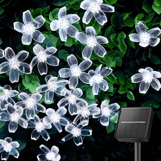 Brightown 60 LED Solar Flower String Lights Outdoor Waterproof Fairy Lights for Garden Yard Fence Patio Christmas Tree Wedding Party Decor, Pure White Brightown