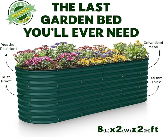 Plant & Plot Galvanized Raised Garden Beds Outdoor // 8×2×2 ft Planter Raised Beds for Gardening, Vegetables, Flowers // Large Metal Garden Box (Dark Green) // Patented Tool-Free Design PlantPlot