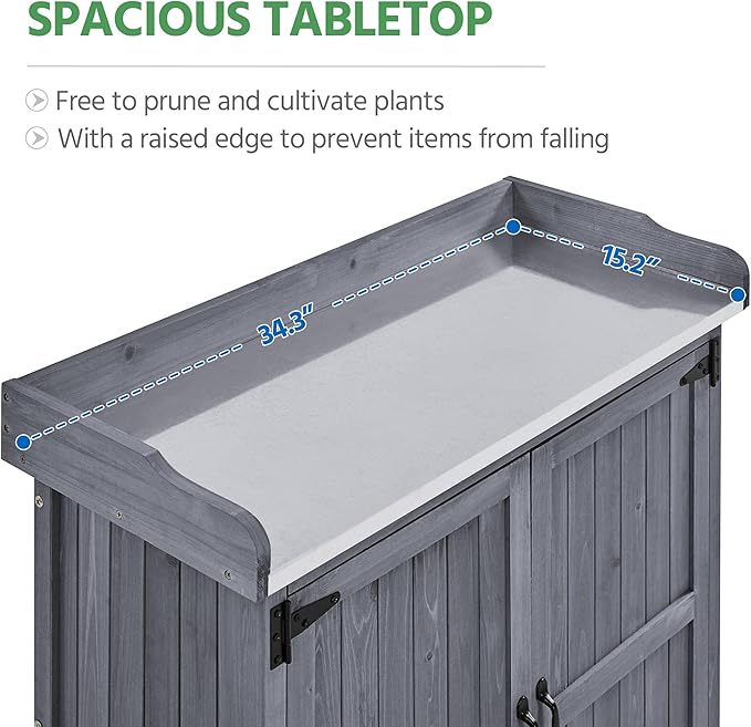 Yaheetech Garden Potting Bench Table, Outdoor Garden Horticultural Wooden Storage Cabinet & Solid Wood Planting Work Bench with Large Space Storage & Metal-Plated Tabletop, Gray Yaheetech
