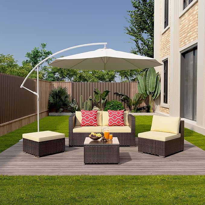 Aiho Patio Furniture Set All Weather Outdoor Sectional Patio Sofa Set with Tempered Coffee Table, for Backyard Porch, Beige AIHO