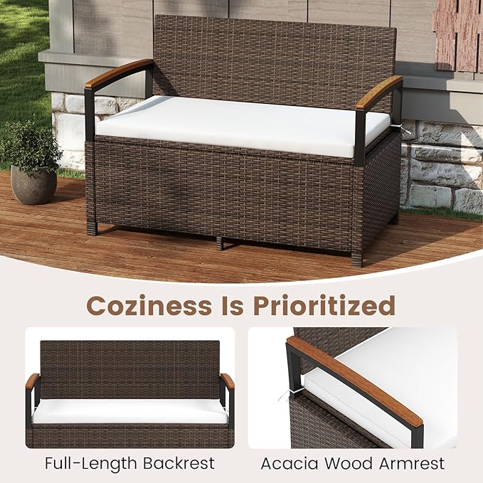 RELAX4LIFE Wicker Outdoor Storage Bench - Rattan Deck Box w/Protective Liner for Patio Furniture Pillows, Pool Supplies & Garden Tools, Porch Loveseat with Seat Cushion, Acacia Wood Armrests RELAX4LIFE
