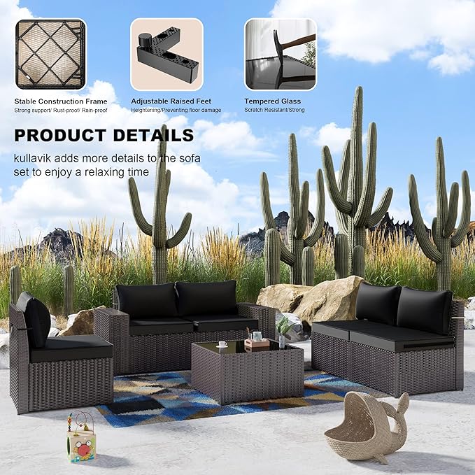 Kullavik 6PCS Outdoor Patio Furniture Set PE Wicker Rattan Sectional Sofa Patio Conversation Sets,Black KULLAVIK