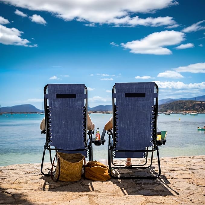 Nestl Zero Gravity Chairs Set of 4, Patio Lounge Chair Outdoor with Pillows & Cup Holder Trays, Adjustable Steel Mesh Reclining Camping Chair, Folding Patio Lawn Chair for Deck, Beach, Yard - Blue Nestl