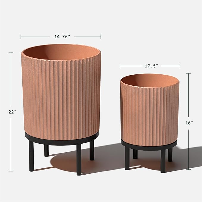 Veradek Demi Series Round Planter w/Stand for Porch/Patio | Durable Plastic-Stone Composite & Wooden Stand | Modern Décor for Tall Plants, Flowers VeradekOutdoor